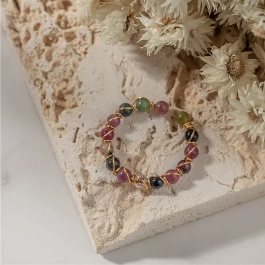 Luckacco Fashion Retro Handmade Metal Wire Winding Beaded Natural Stone Rainbow Tourmaline Ring Open Adjustable Ring Female Charm Jewelry