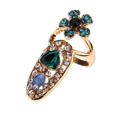 Luckacco Fashion Rhinestone Crown Flower Nail Ring Adjustable Opening Gold Plated Manicure Joint Ring for Women Party Jewelry