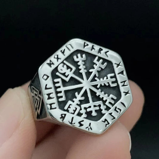 Luckacco Vintage Nordic Viking Ring Stainless Steel Men Ethnic Belief Odin Compass Valknut Tree of Life Ring Amulet Jewelry