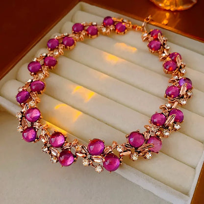 Luckacco 1/3 Pcs Vintage Purple Red Rhinestone Necklace Earrings Bracelet Set Leaf Flower Metal Necklace for Women Exquisite Jewelry Sets