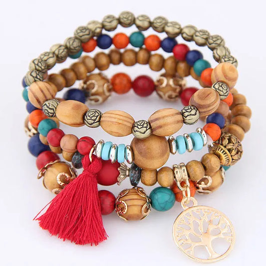 Luckacco elite Bohemian Multicolor Pink Crystal Beads Bracelets Women Girls Elastic Tassel Wing Letters Rope Bracelet Pulseira Feminina
