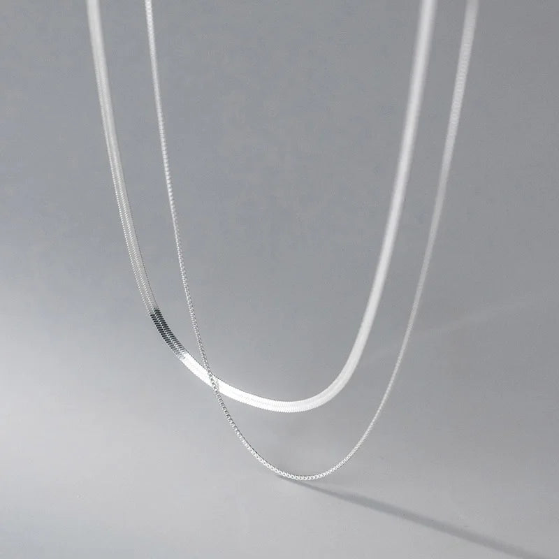 luckacco 2023 s925 silver double layer box chain snake clavicle chain necklace female fashion hip-hop retro unique design fine jewelry