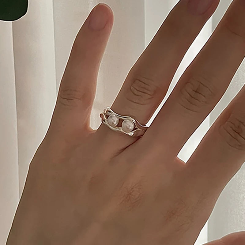 luckacco foxanry silver color pearl rings for women new fashion simple double-layered geometric handmade party jewelry gifts серьга