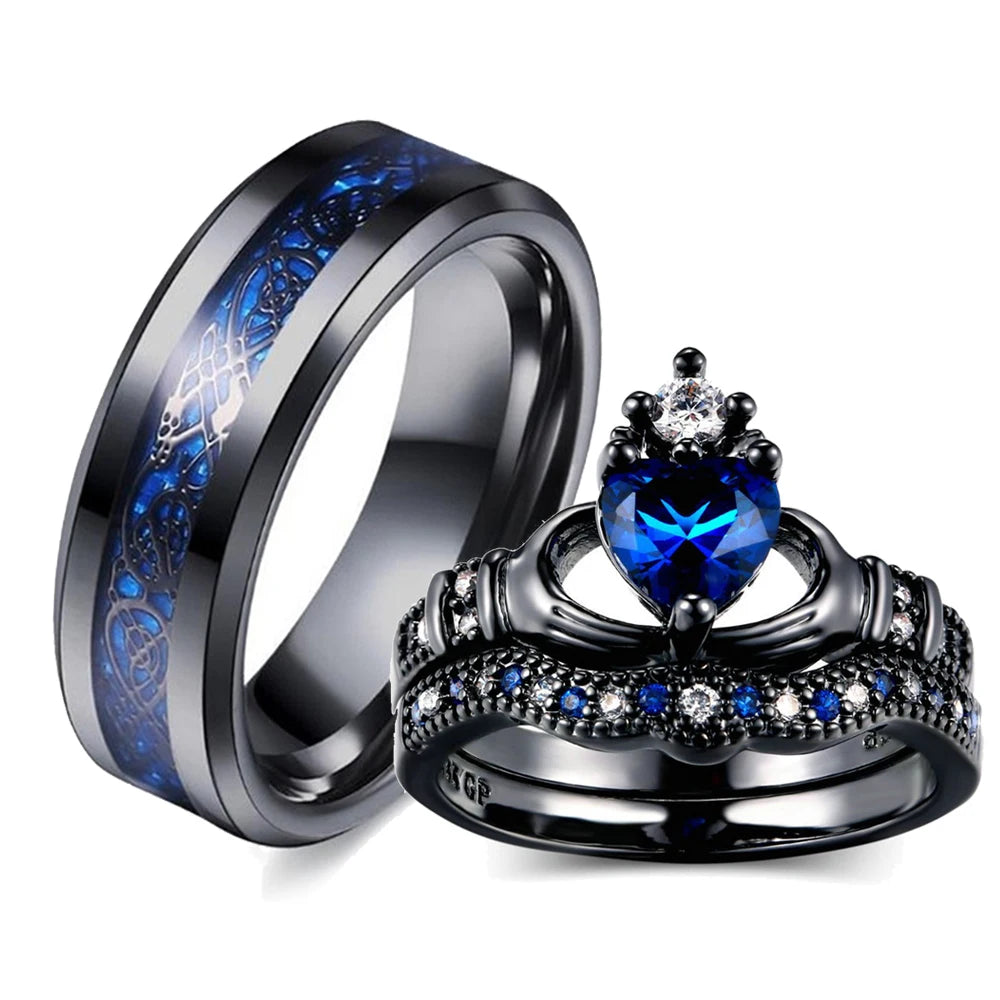 luckacco charm couple ring men's stainless steel celtic dragon ring blue zircon women's ring sets valentine's day wedding band jewelry