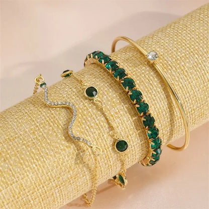 Luckacco 4Pcs/Set Fashion Snake Green Gemstone Bangle Rhinestone Full Metal Bracelets For Women Birthday Party Wedding Jewerly Gifts