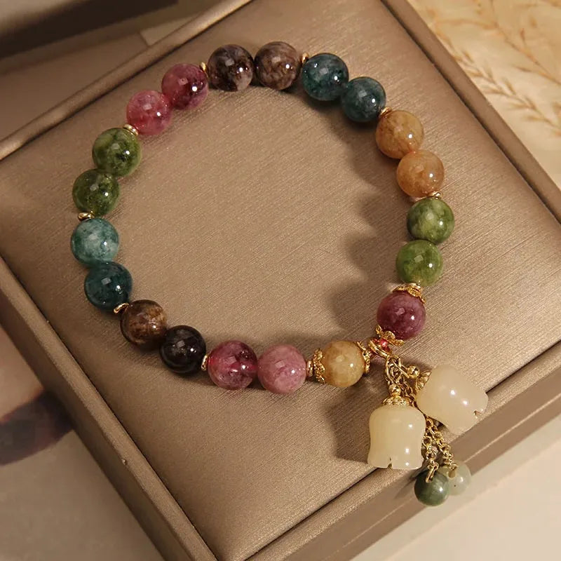 luckacco exquisite natural stone bracelet elegant lily of the valley flower pendant elastic beaded bracelets for women party jewelry gift