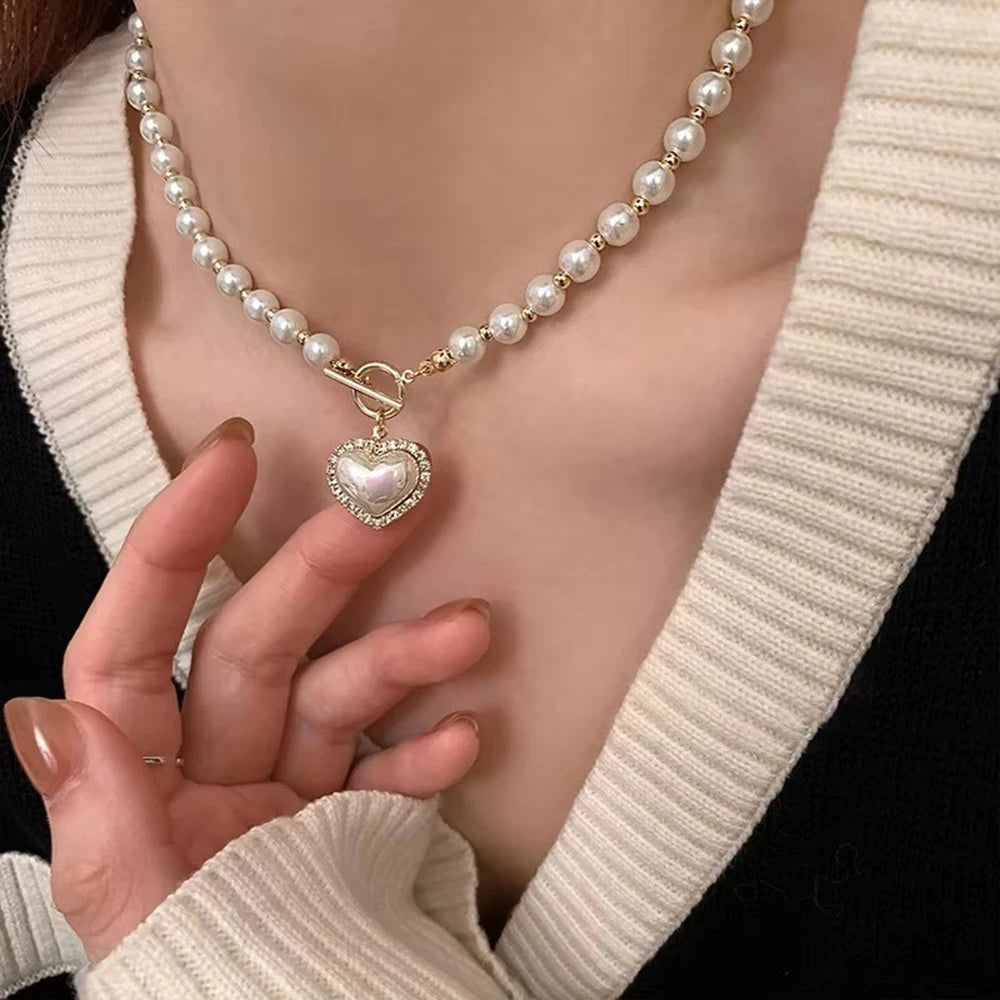 luckacco elegant pearl necklace for women heart pendant necklaces luxury imitation pearls chain necklaces korean jewelry girls gifts