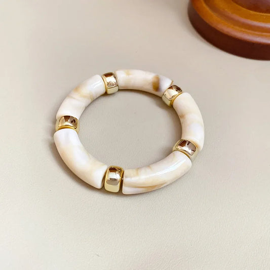 Luckacco Splicing Bamboo Tube Acrylic Smudging Bangles for Women Men Fashion Geometric Elastic Bracelets Bangles Jewelry Couple Gifts F