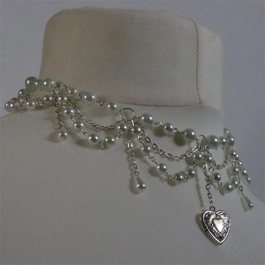 Luckacco Pearl Heart Locket Style Layered Necklace Handmade Y2K Necklace Perfect For Weddings Prom or Victorian/Regency Cosplay Jewelry
