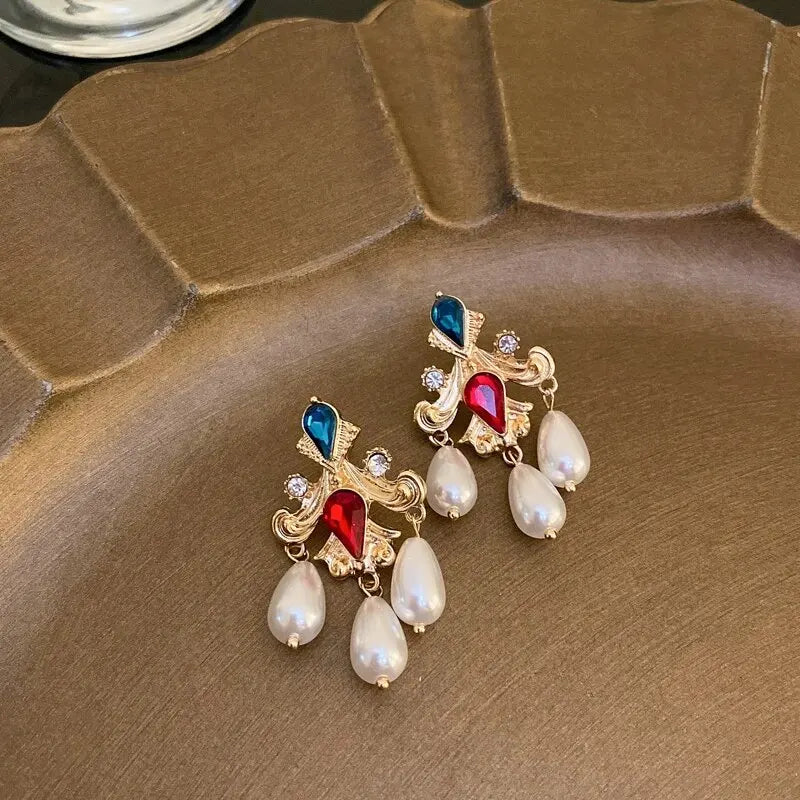 luckacco inlaid rhinestone asymmetrical pearl earrings for women palace style retro fringe drop earring exaggerated jewelry