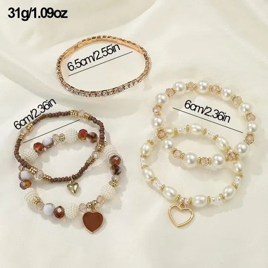 Luckacco 5pcs Heart Boho Beach Bracelet Set Pearl Crystal Beaded Multilayer Wrist Jewelry For Women Gift