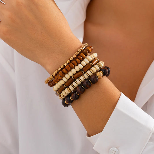 Luckacco Salircon 6Pcs/Set Boho Vintage Geometric Wooden Beads Chain Bracelet Set for Women Men Retro Ethnic Elastic Bracelet Jewelry