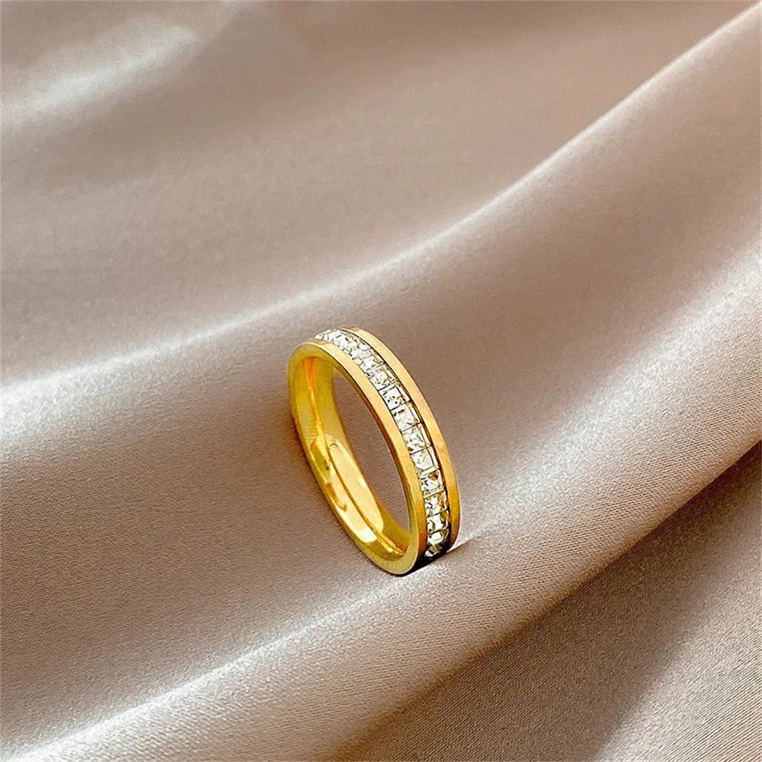 luckacco luxury rose gold double rowed square zircon stainless steel ring women's romantic engagement wedding party jewelry women gift