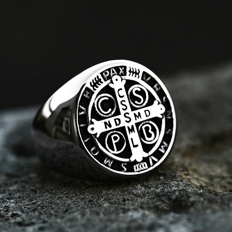 luckacco vintage exorcism saint benedict cspb cross ring men punk amulet christianity rings stainless steel jewelry gift