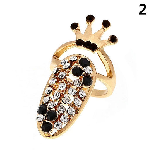 Luckacco Fashion Rhinestone Crown Flower Nail Ring Adjustable Opening Gold Plated Manicure Joint Ring for Women Party Jewelry
