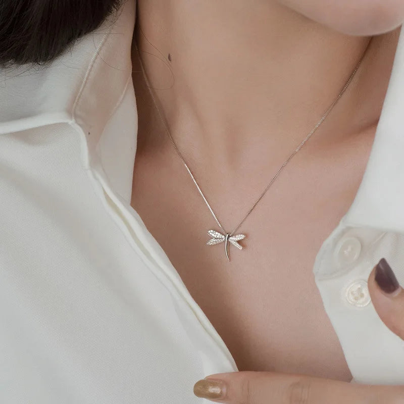 luckacco 925 sterling silver necklace rose gold color dragonfly clear cz elegant for women girl jewelry gift