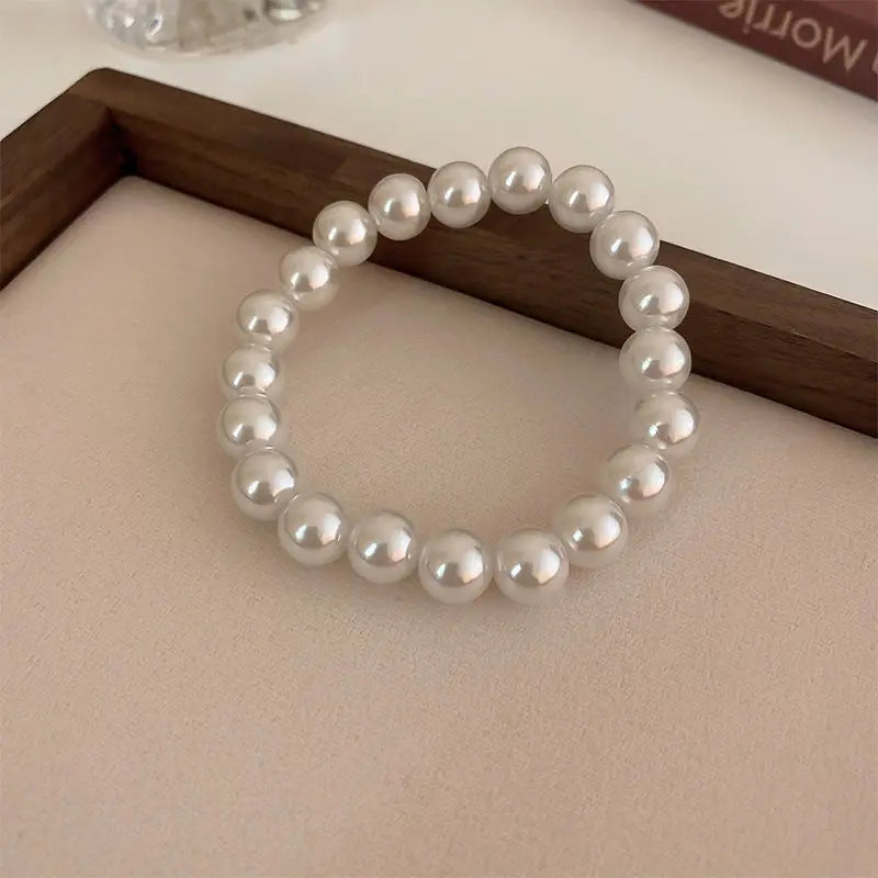 luckacco elegant white faux pearls beaded bracelets for women adjustable elastic rope bracelet french luxury hands jewelry accessories