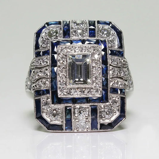 Luckacco Luxury Silver Color Metal Square Inlaid with Dark Blue Stones Ring Fashion Party Wedding Engagement Rings for Women Jewelry