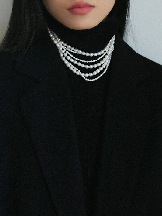 Luckacco Women Elegant Multilayer Long Freshwater Pearls Necklace Sweater Chain Jewelry Fashion Eight Buckle Necklaces