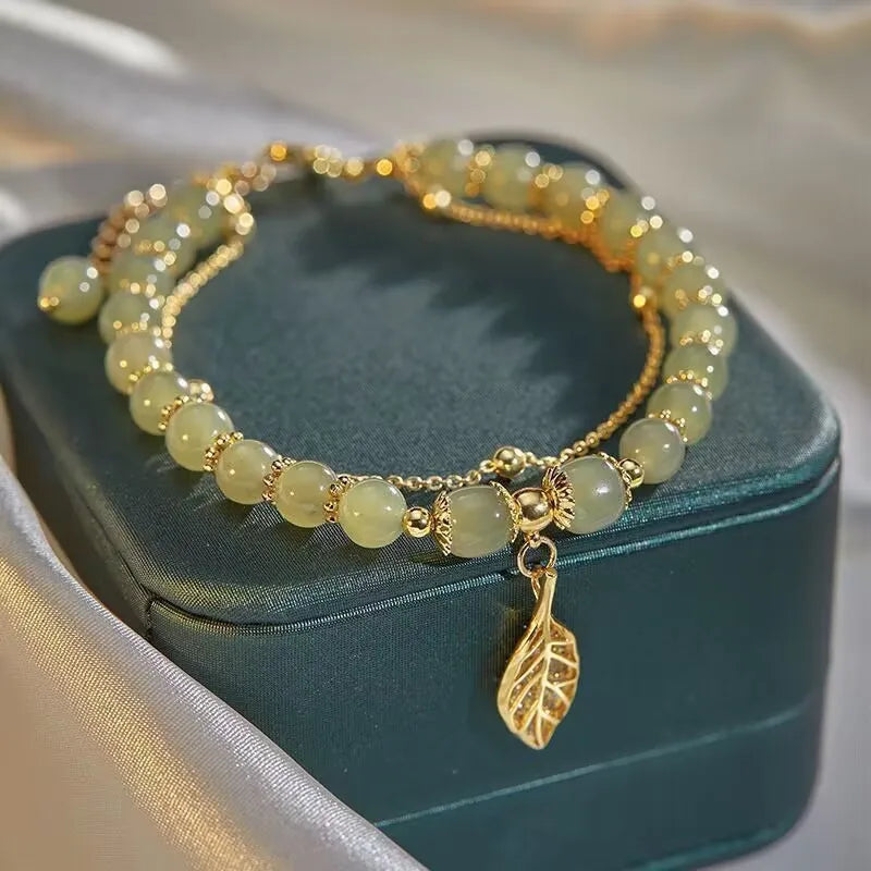 luckacco lats green glass imitation opal bracelet for women exquisite gold color leaves wrist strap bangle chain bracelets girls gifts