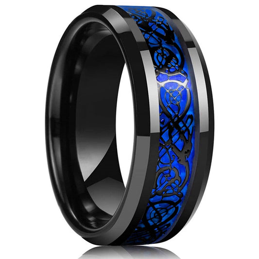 Luckacco Fashion 8mm Black Tungsten Wedding Celtic Dragon Rings Inlaid Blue Zircon Stainless Steel Rings for Men Blue Carbon Fibre Ring