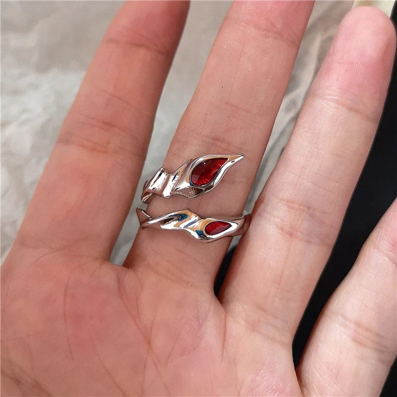 luckacco goth punk retro red crystal love heart cross geometry irregular open ring set y2k halloween accessories for women kpop jewelry