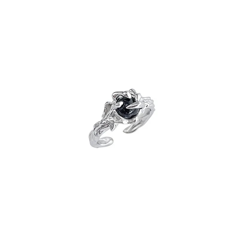 luckacco gothic irregular gemstone ring aesthetic girls adjustable black stone ring women's liquid punk ring vintage jewelry accessories