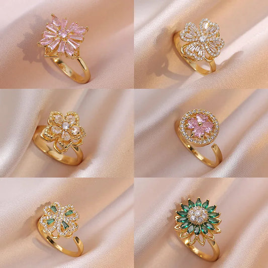 Luckacco Luxury Zircon Four-leaf Clover Rotating Ring Lucky Transfer Jewelry Gift for Children Tik Tok Same Style for Women for Friends