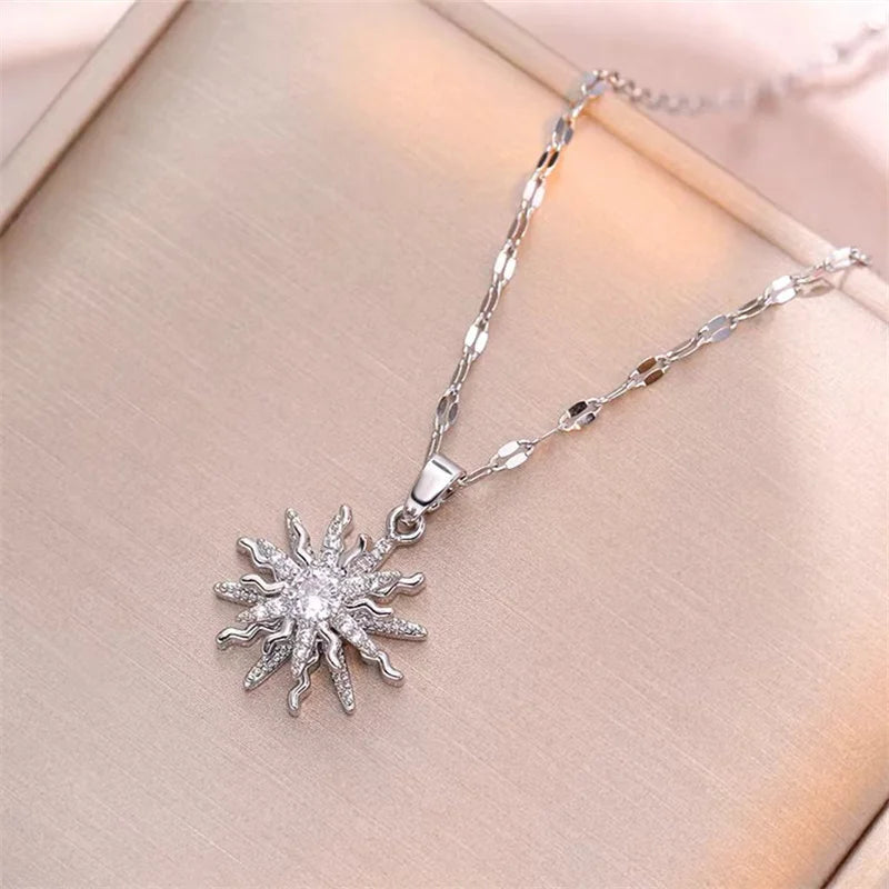 luckacco rotating flower pendant stainless steel chains necklaces for women antique silver color ins white zircon sun clavicle necklace