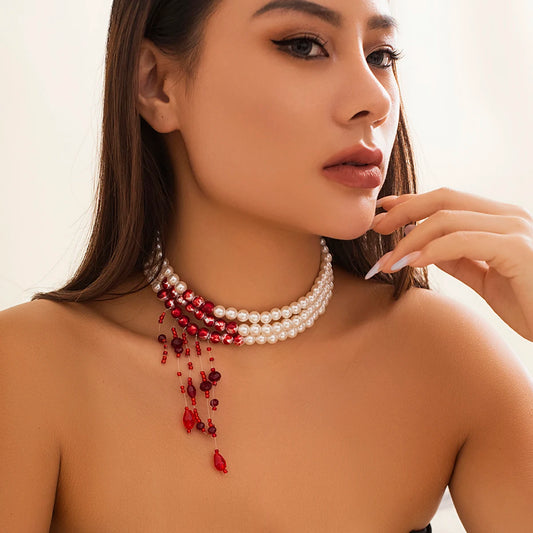 Luckacco Multilayer Vintage Red Blood Pattern Imitation Pearl Tassel Pendant Necklace for Women Goth Crystal Bead Chain Halloween Jewelry