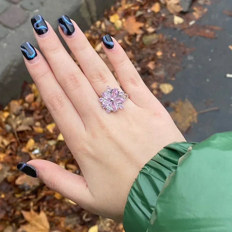 luckacco fashion sakura princess rings pink crystal stone ring charm for women dainty bride flower zircon engagement ring кольца