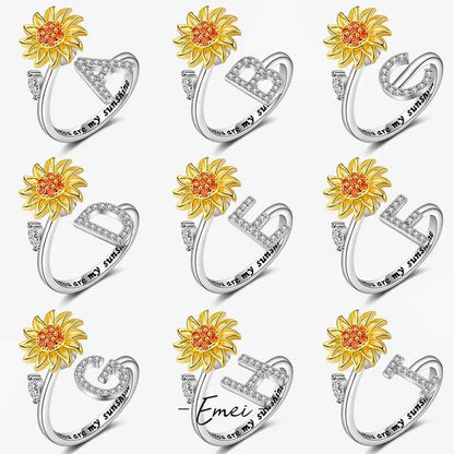 Luckacco Rotating Sunflower Initial Letter Rings For Women Anti Anxiety Spinner You Are My Sunshine Stainless Steel Ring Birthday Jewelry