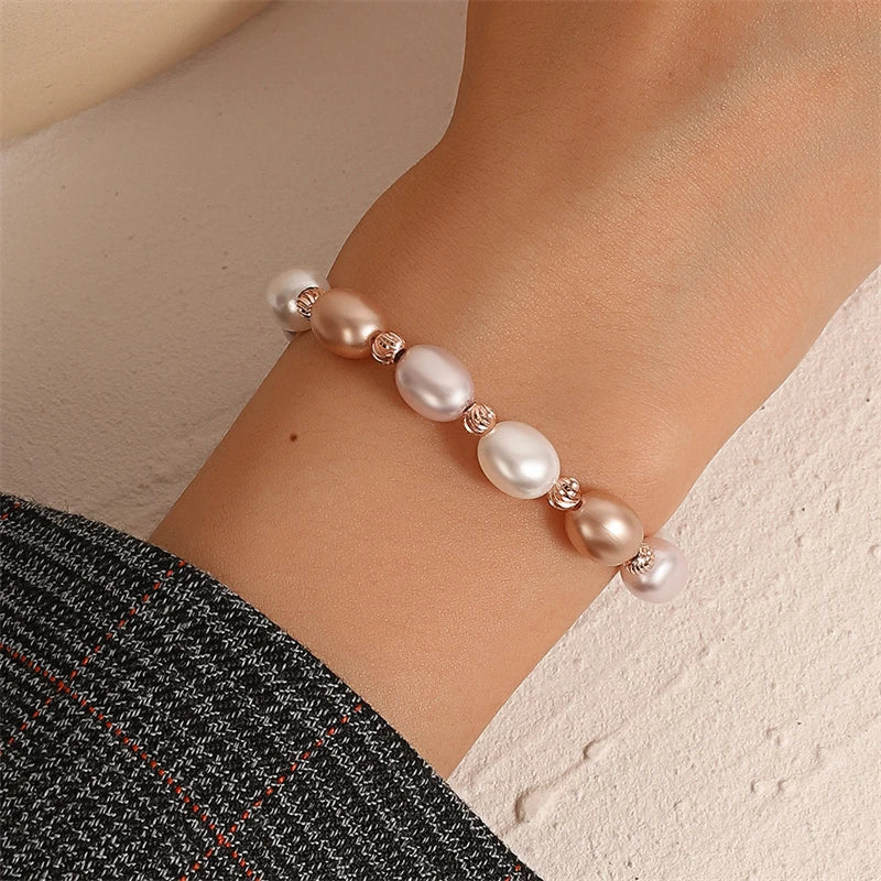 luckacco kpop oval imitation pearl bracelets for woman elegant baroque champagne pearl beads chain charm bracelet wedding jewelry