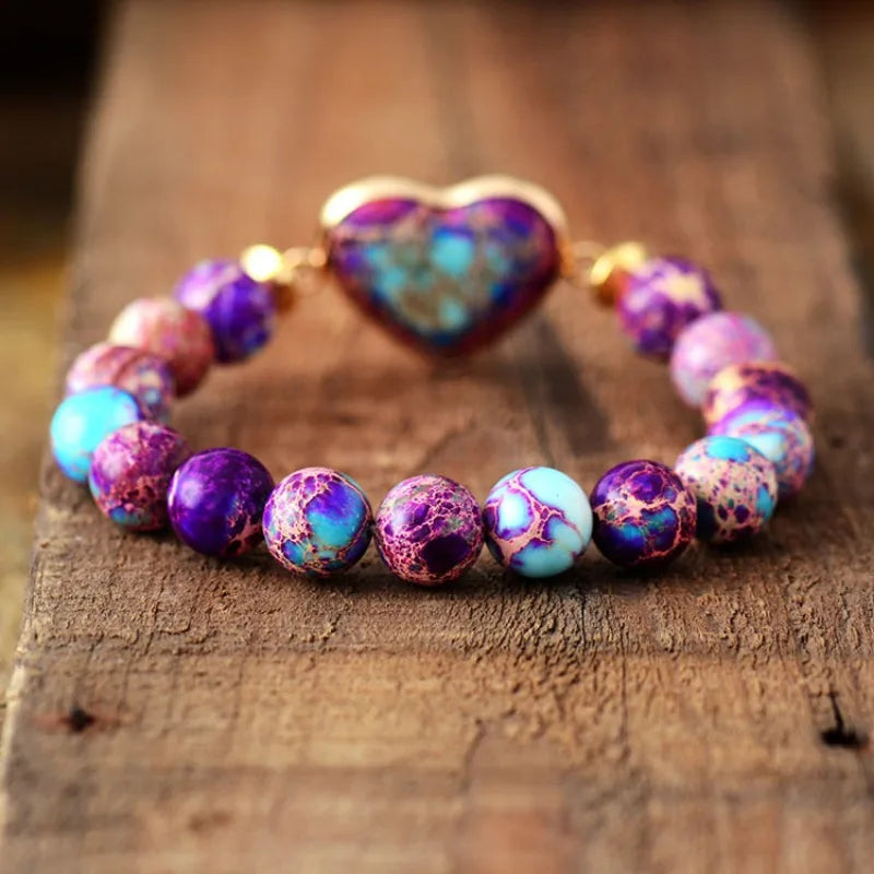luckacco kaseakia bohemian imperial stone heart-shaped elastic adjustable natural stone beaded beads bracelet for women handmade jewelry