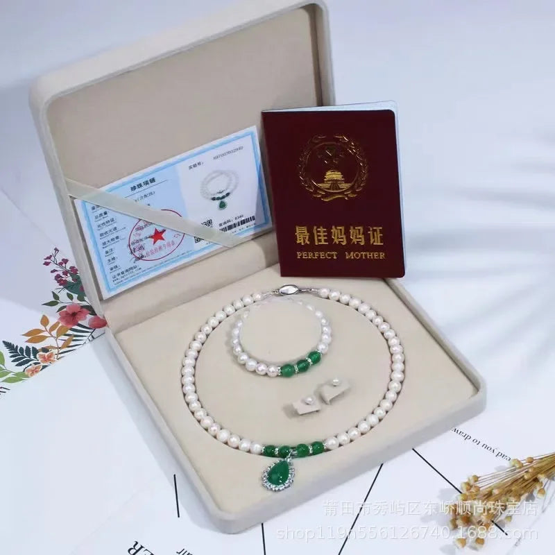 luckacco 8-9mm near round white natural freshwater pearl necklace red/green waterdrop chalcedony bracelet earrings for mother jewelry set