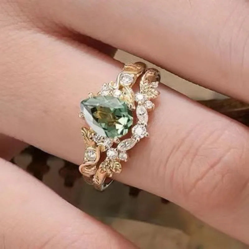 luckacco charm women rings gold color waterdrop flower white green stone rings set party accessories gift