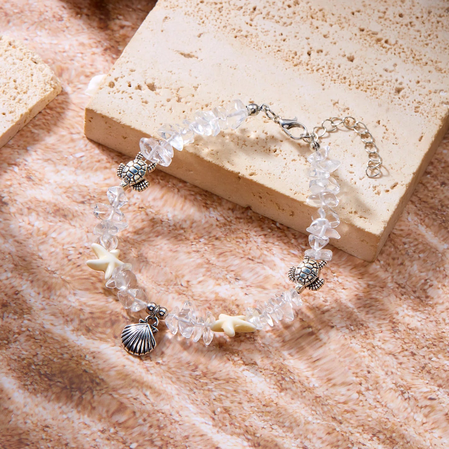 luckacco natural crystal stone shell bracelet bohemian painted shell starfish anklet beaded bracelet for women beach jewelry gifts