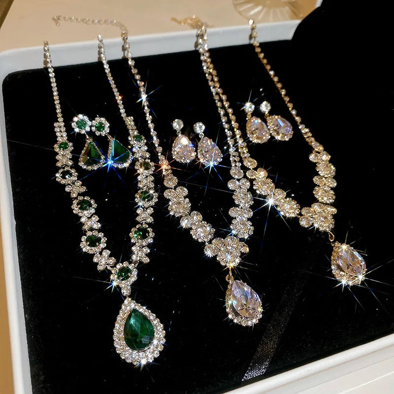 luckacco shiny crystal necklace earrings women's fashion big water droplet rhinestone necklaces wedding evening dress jewelry set