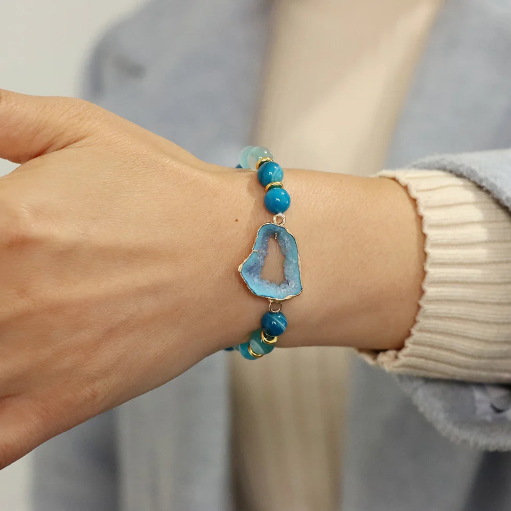 luckacco irregular druzy geode agates bracelet blue striped agat beads bracelets for women men hollow mineral stone charm bangle jewelry