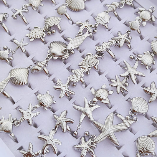 Luckacco 10 Pcs Stainless Steel Ocean Shell Conch Sea Turtle Fish Tail Dolphin Bead Ring Jewelry Size Opening Adjustable Party Gift