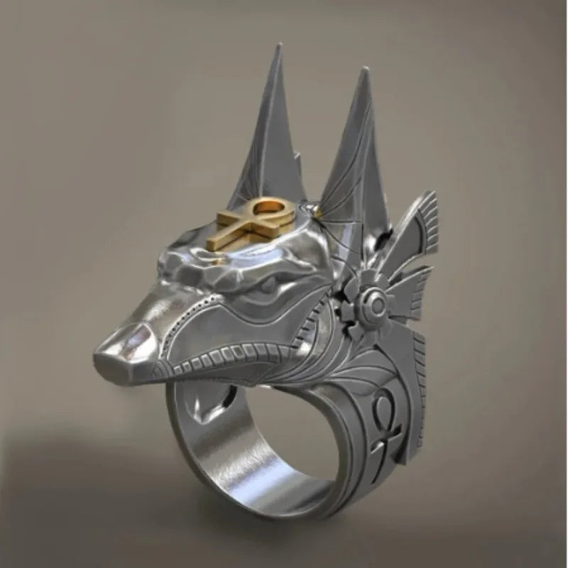 luckacco new vintage egyptian cross anubis god rings for men unisex punk style wolf head men finger rings hiphop party ring men