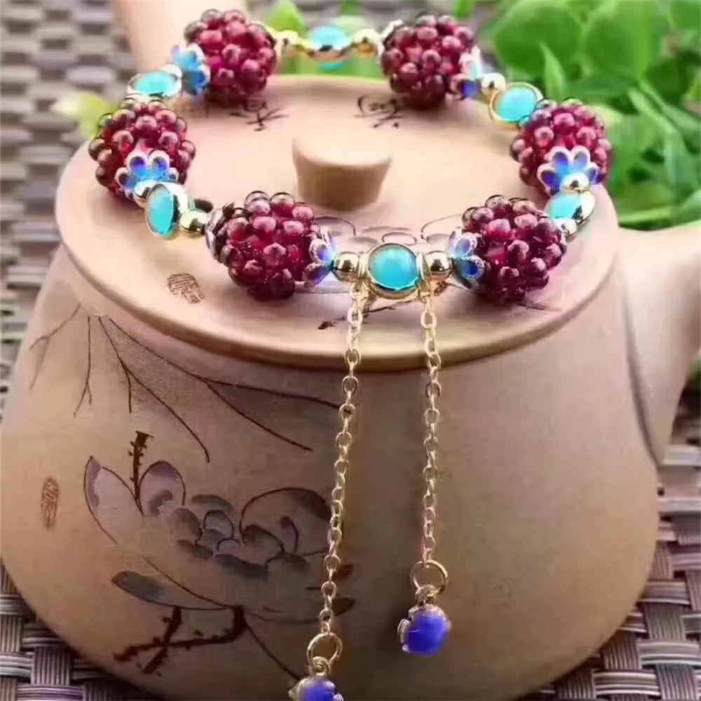 luckacco ethnic cute natural garnet strand bracelets multicolor hand-knitted pomegranate crystal charming bracelet fine jewelry for women