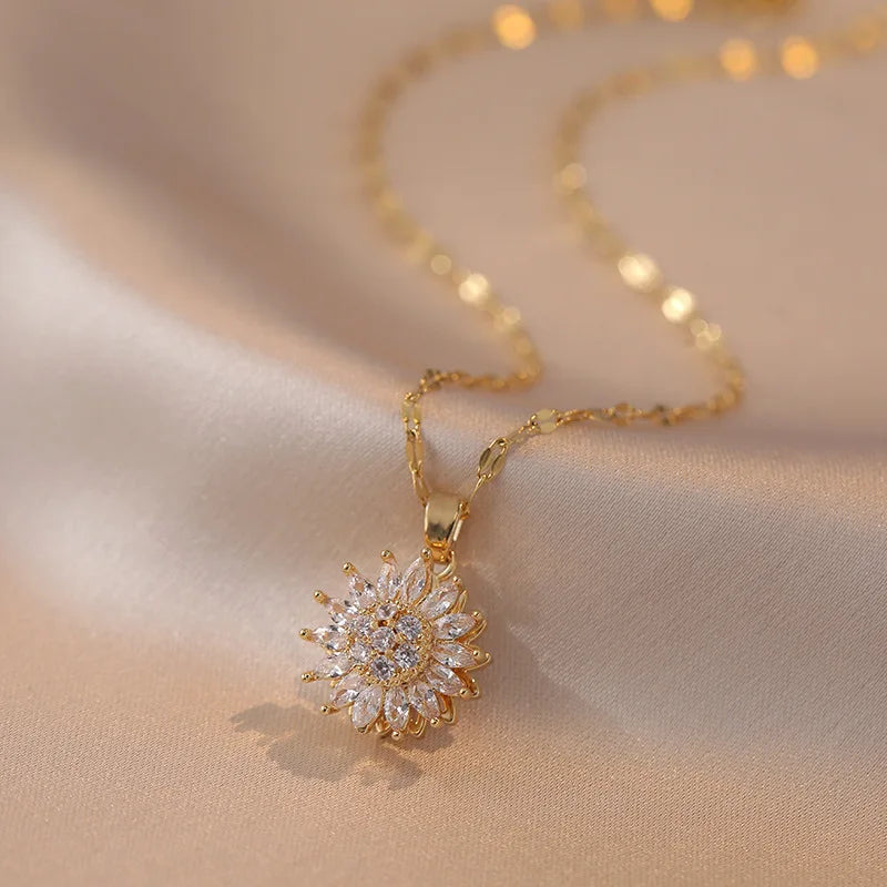 luckacco rotating flower pendant stainless steel chains necklaces for women antique silver color ins white zircon sun clavicle necklace