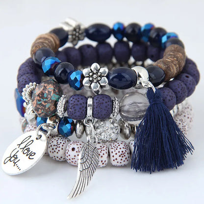 Luckacco DIEZI Bohemian Multicolor Pink Crystal Beads Bracelets Women Girls Elastic Tassel Wing Letters Rope Bracelet Pulseira Feminina