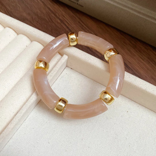 Luckacco Splicing Bamboo Tube Acrylic Smudging Bangles for Women Men Fashion Geometric Elastic Bracelets Bangles Jewelry Couple Gifts F