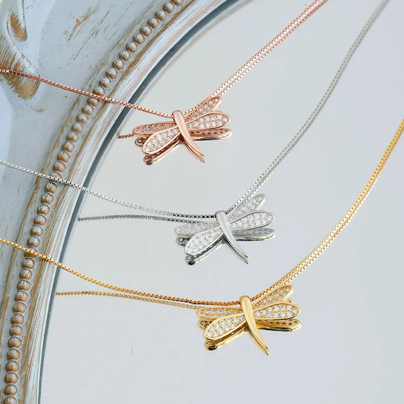 luckacco 925 sterling silver necklace rose gold color dragonfly clear cz elegant for women girl jewelry gift