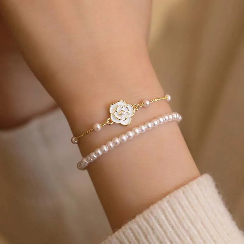 luckacco vintage white camellia flower bracelets for women elegant double layer simulated pearl beads chain bracelet jewelry 2025 trend