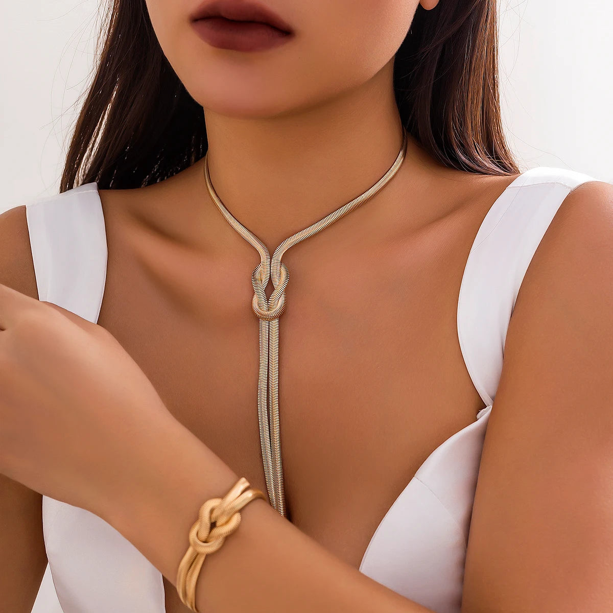 luckacco 2pcs/set sexy smooth long snake twisted chain necklace bracelet for women vintage goth tassel choker y2k jewelry accessories new