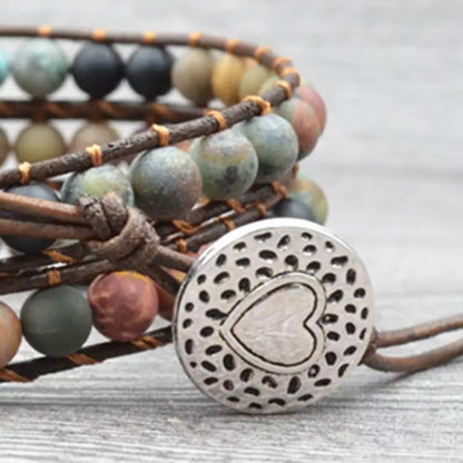 Luckacco Milangirl Bohemia Jewelry Bracelets 6MM Matte Stone Wrap Leather Bracelets Vintage 3 Strands Multilayer Woven