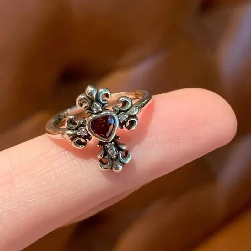 luckacco vintage gothic red crystal cross geometry open rings for women y2k punk creative grunge jewelry accessories gift
